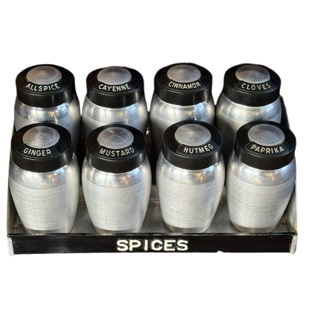 Vintage Aluminum Spice Shaker Set with Black Lids Kromex MCM